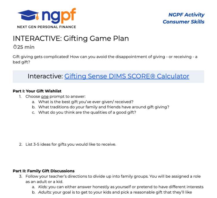 Curriculum Announcement: New Vacation Gifting Exercise