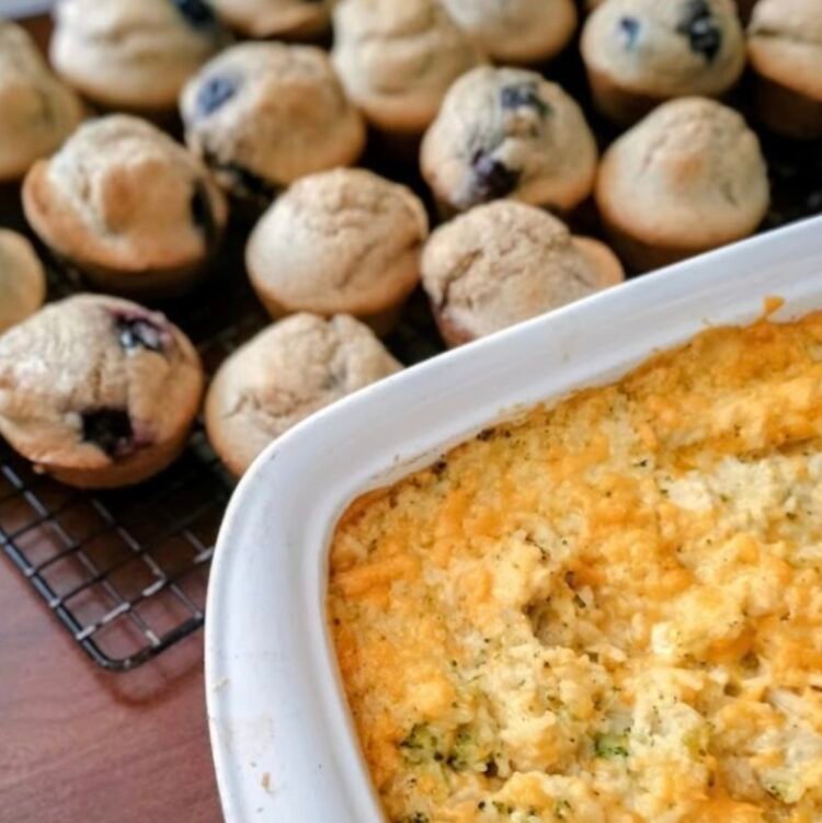 Rooster Broccoli Rice Casserole and Entire Wheat Blueberry Muffins ($10 Household Dinner Thought)